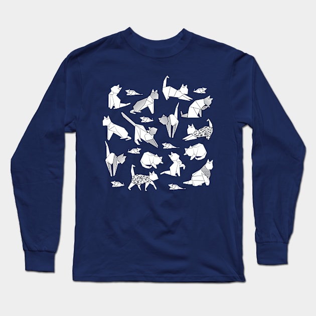 Origami kitten friends // blue navy background paper cats Long Sleeve T-Shirt by SelmaCardoso